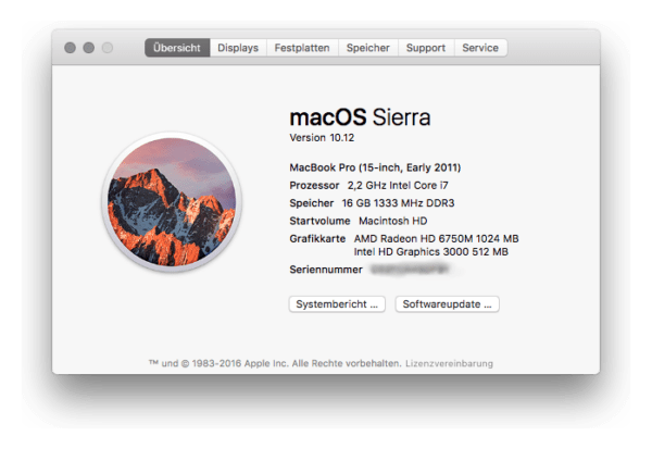 Versionsanzeige in macOS Sierra